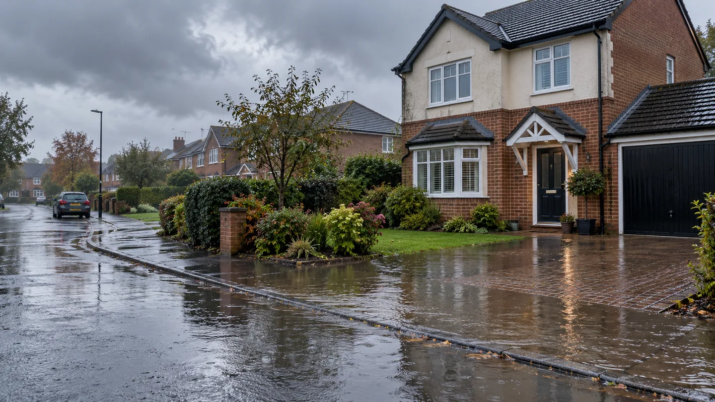 A British suburban street and home during heavy rain with shallow flooding near the property