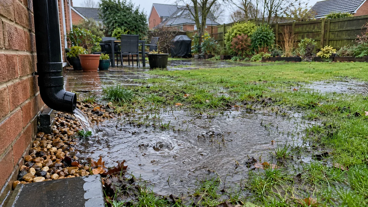 A soakaway receives rainwater through a pipe and allows it to infiltrate into suitable ground. Capacity and groundwater conditions are important.